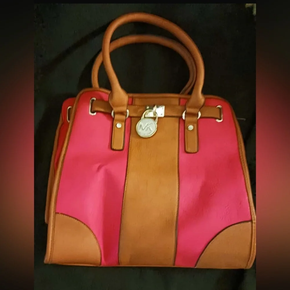 Reddish Coral and Tan MK Satchel with Structured Design - Picture 1 of 7